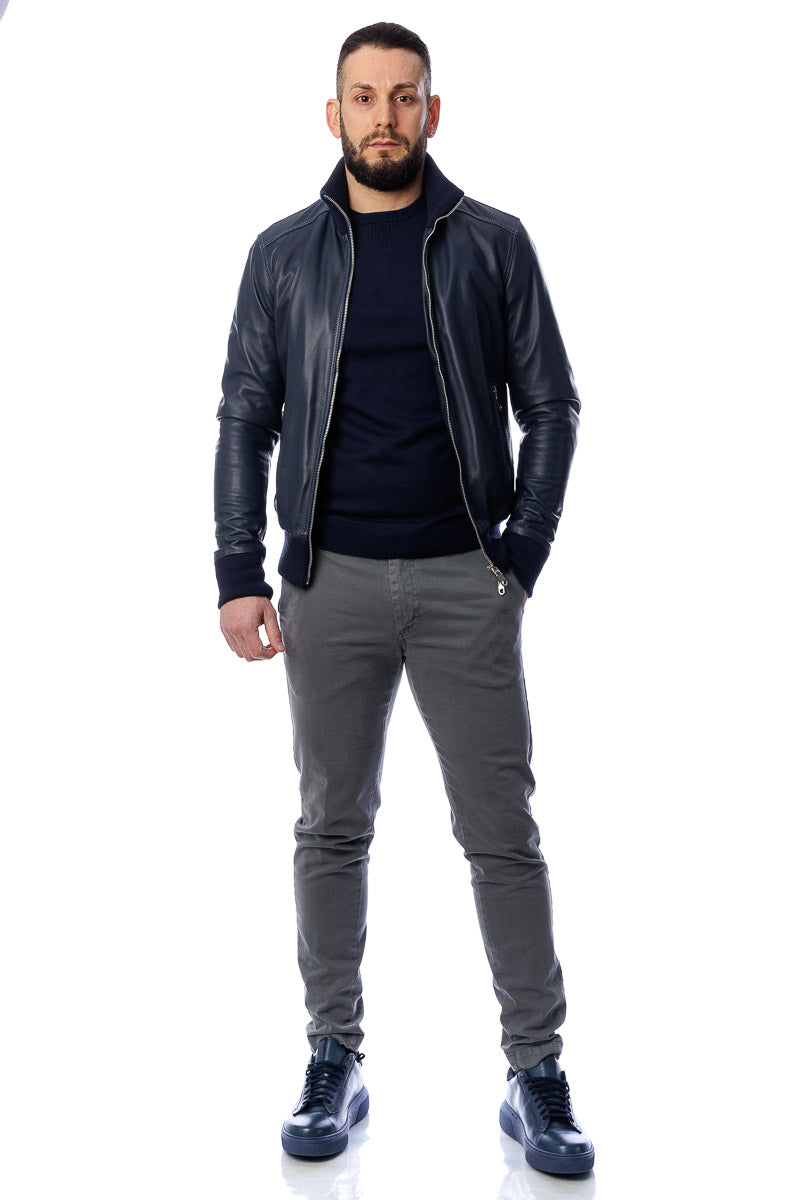 Bomber in pelle con zip POLO blu