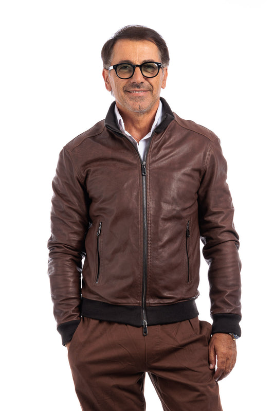 Bomber in pelle con zip POLO marrone