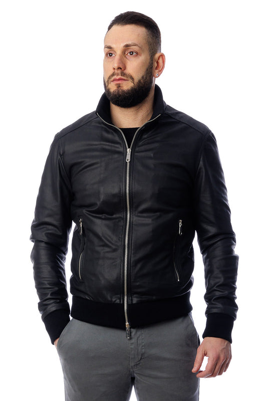 Bomber in pelle con zip POLO nero