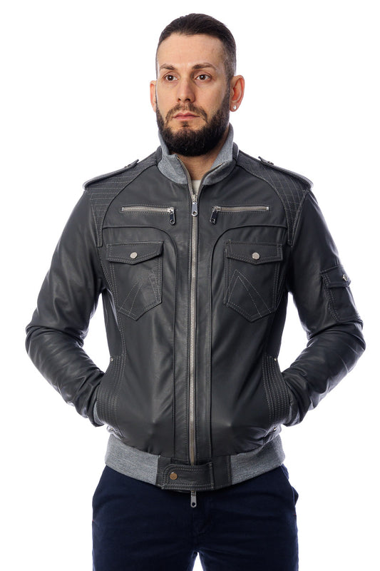 Bomber in pelle con zip TAK grigio