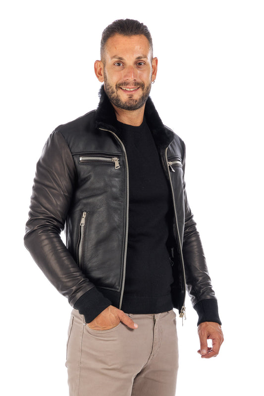Bomber montone nero con zip