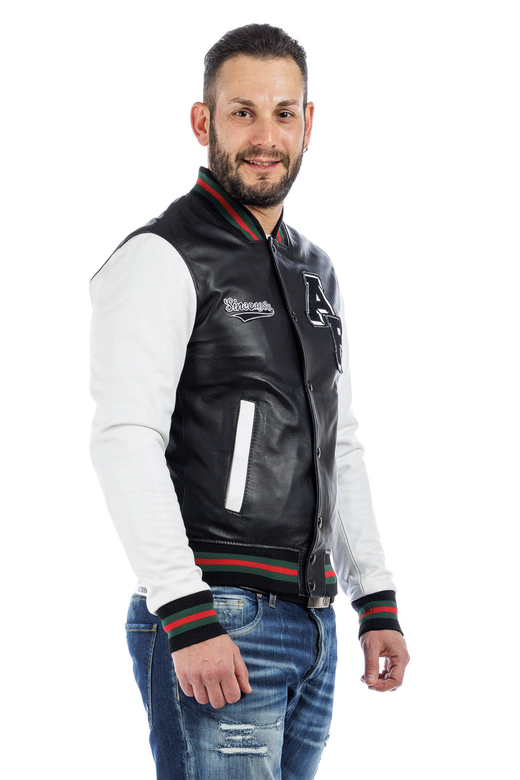 Bomber in pelle varsity college nero
