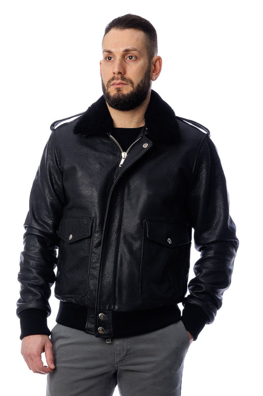 Bomber in vera pelle uomo con tasconi e collo staccabile in montone