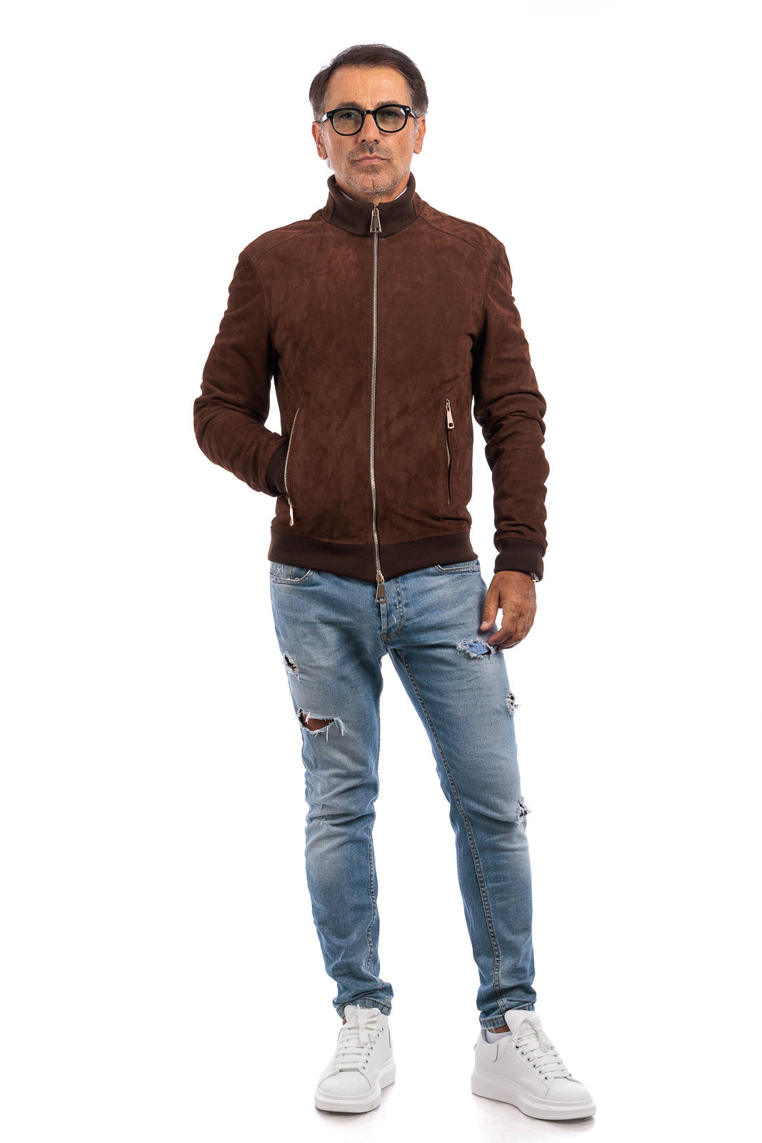 Bomber in camoscio di renna uomo con zip NUV testa di moro