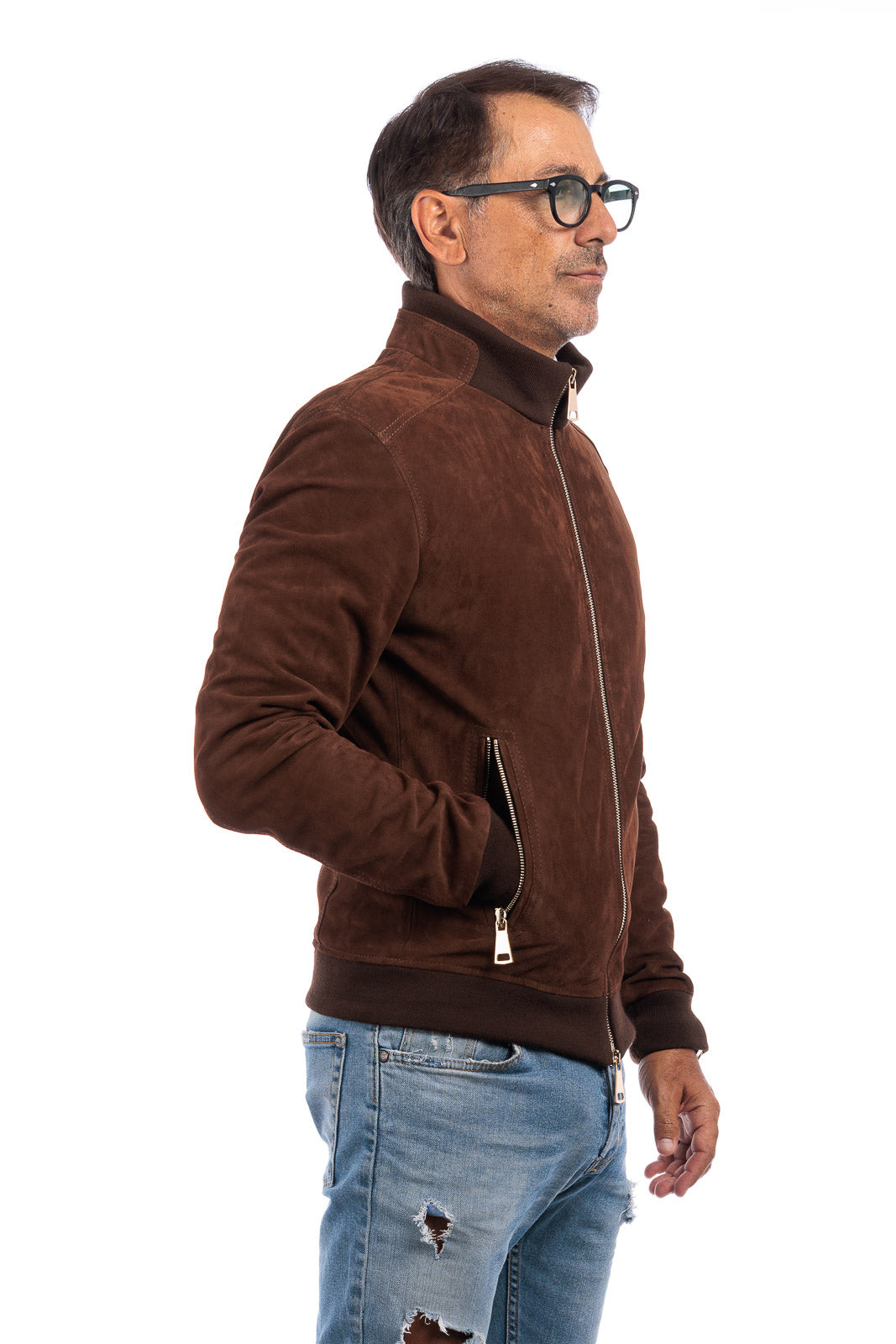 Bomber in camoscio di renna uomo con zip NUV testa di moro