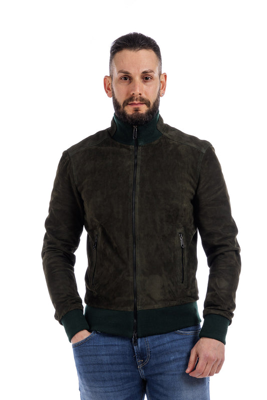 Bomber verde in camoscio di renna uomo con zip NUV