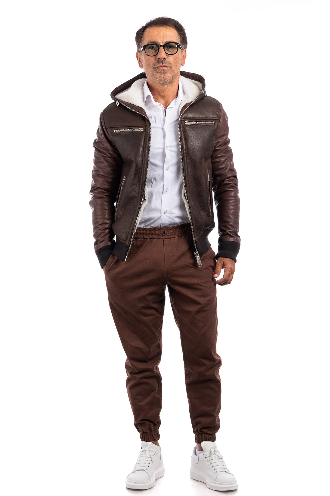Bomber montone pelo bianco uomo con zip e taschino