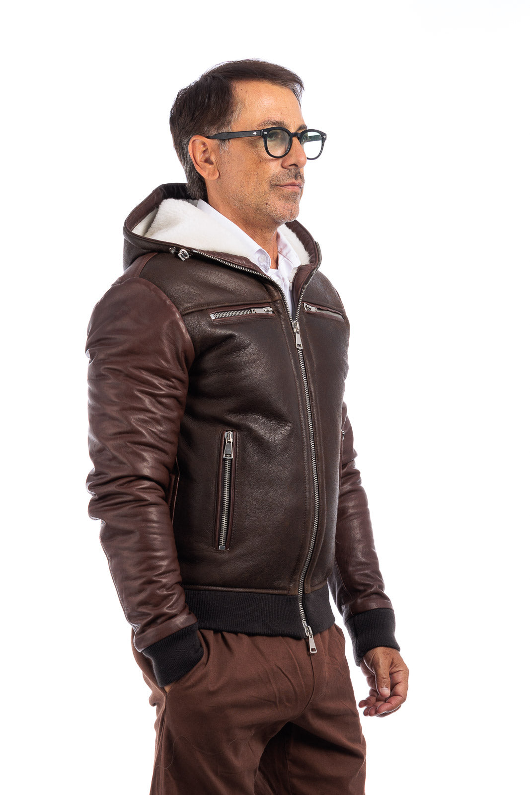 Bomber montone pelo bianco uomo con zip e taschino
