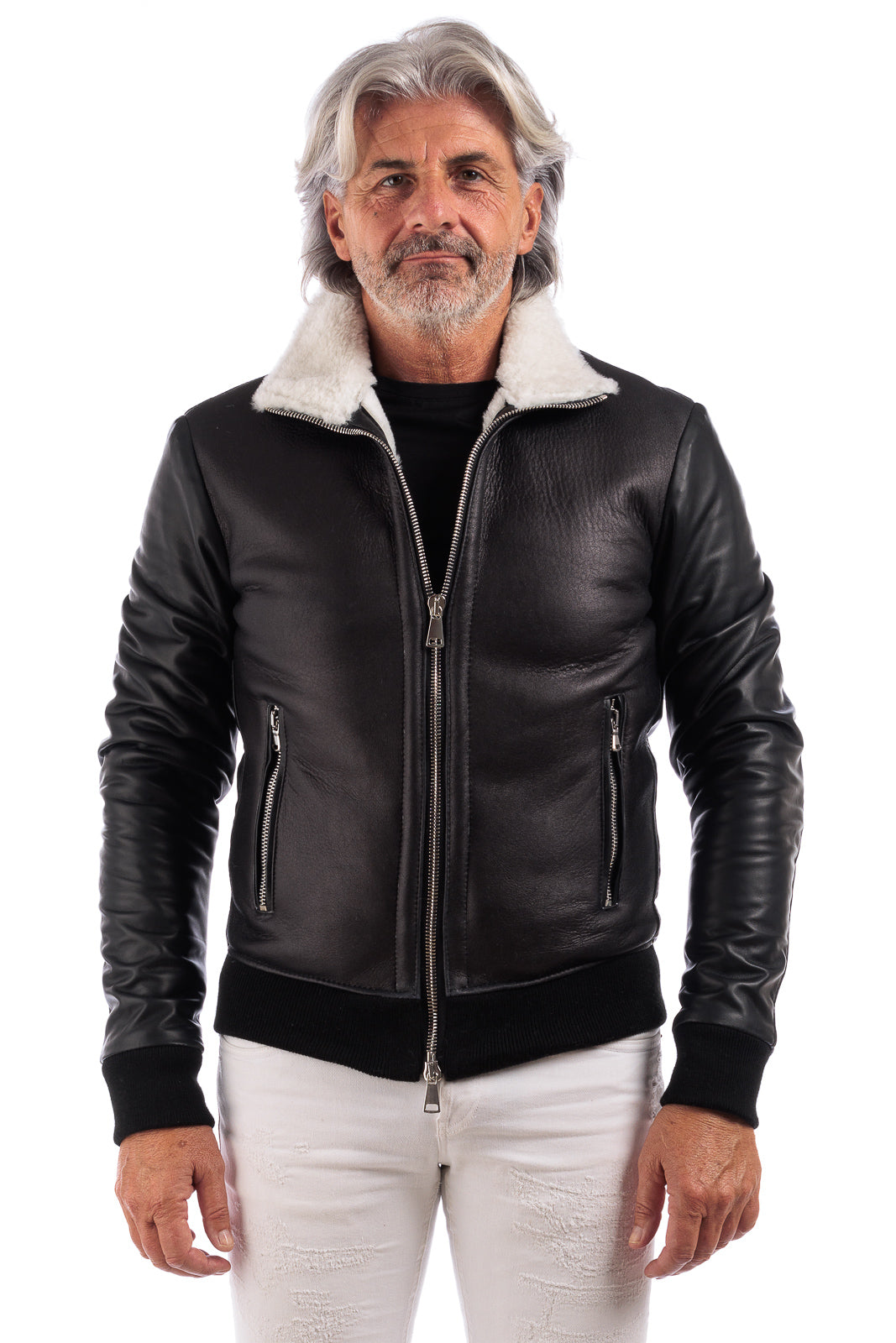 Bomber nero montone merinos uomo pelo bianco