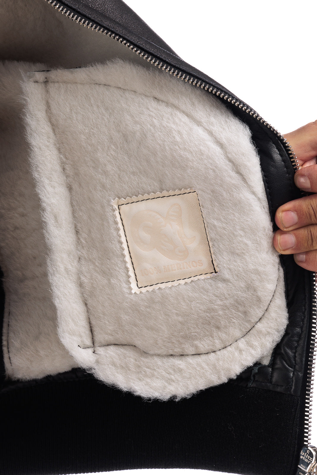 Bomber nero montone merinos uomo pelo bianco