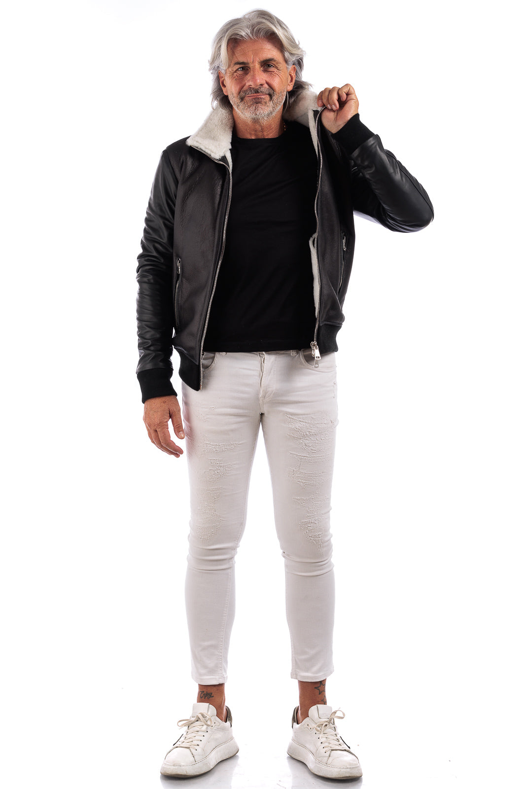 Bomber nero montone merinos uomo pelo bianco