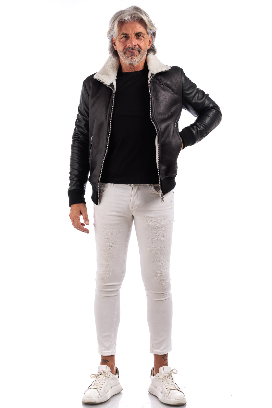Bomber nero montone merinos uomo pelo bianco