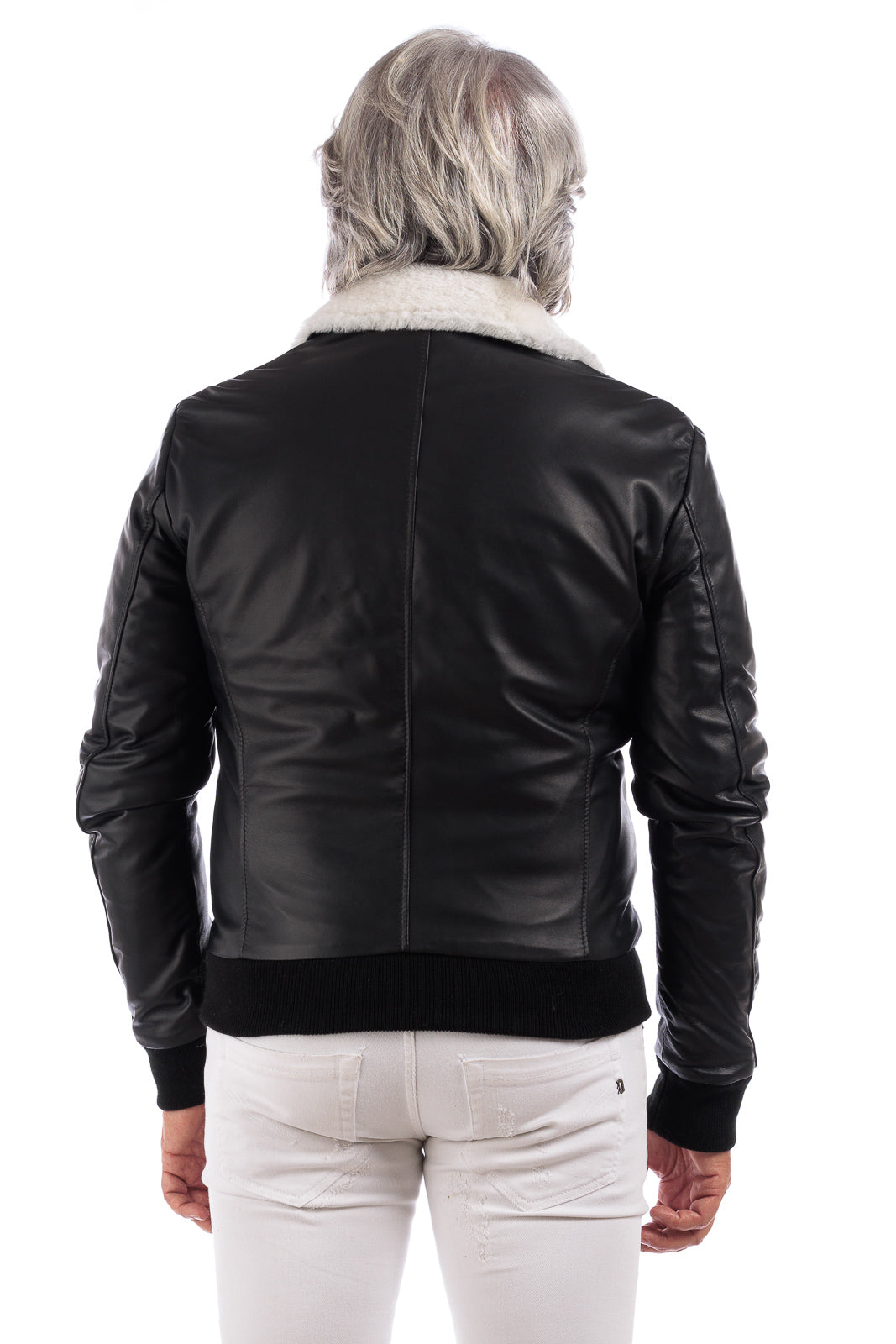 Bomber nero montone merinos uomo pelo bianco
