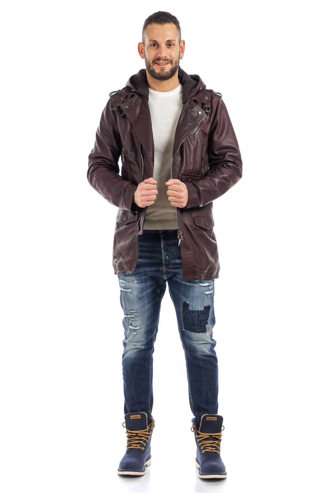 Cappottino chiodo in vera pelle uomo con zip marrone vinaccia