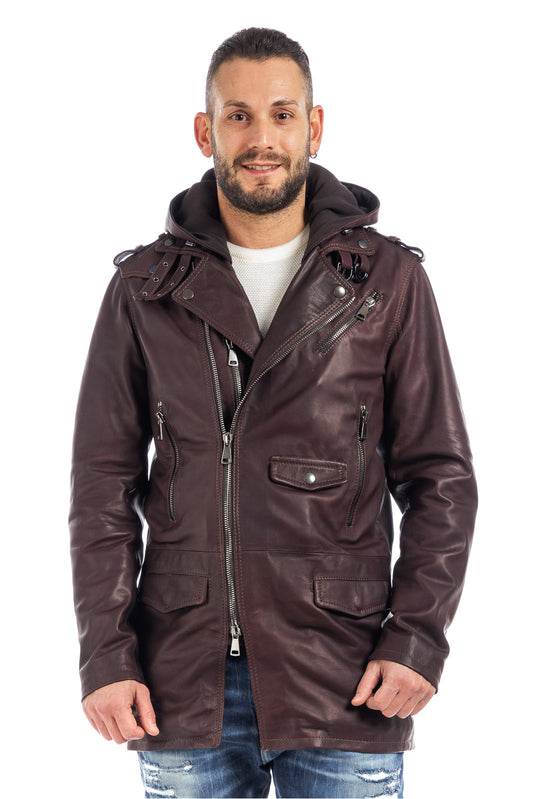 Cappottino chiodo in vera pelle uomo con zip marrone vinaccia