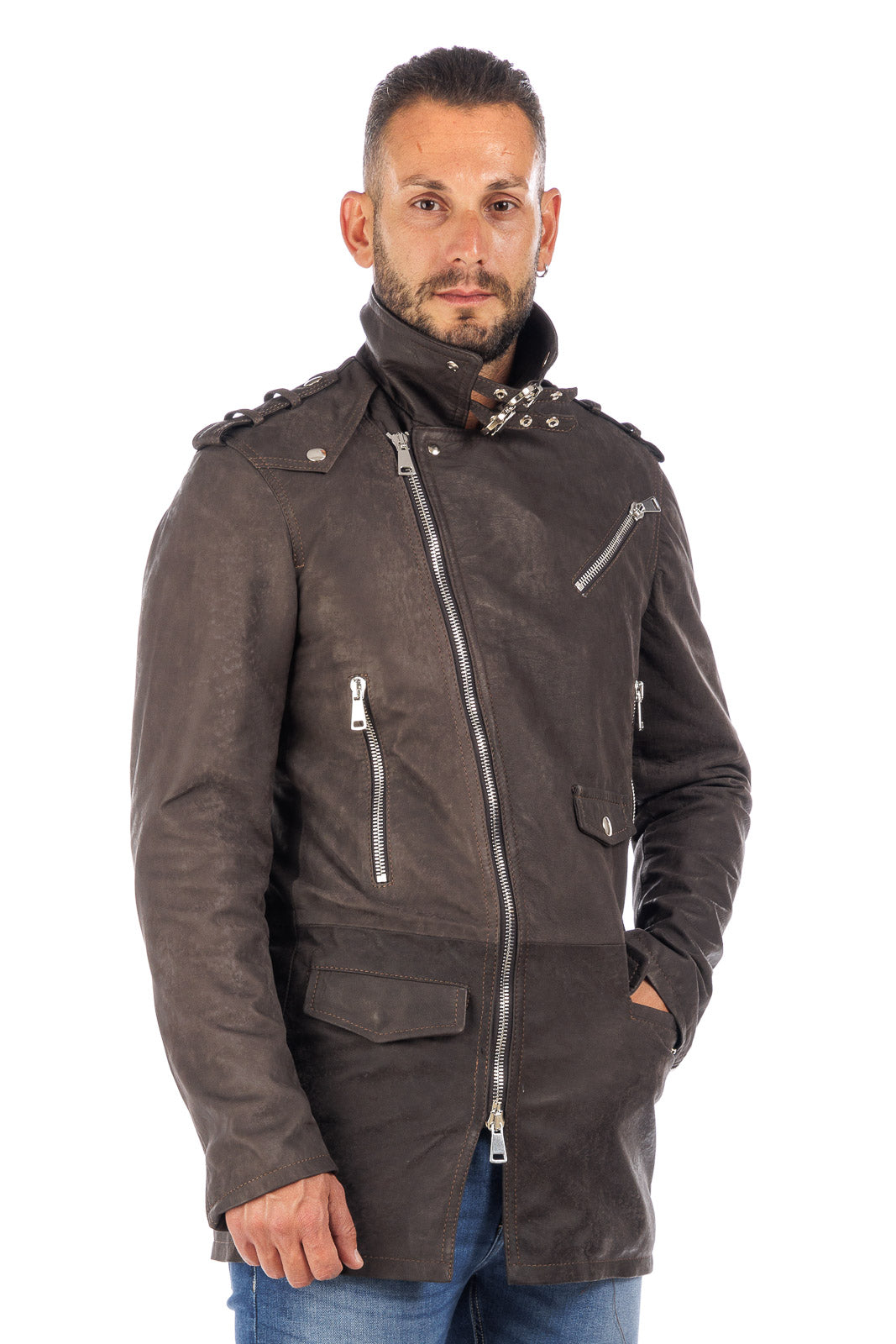 Cappottino chiodo in vera pelle uomo con zip testa di moro