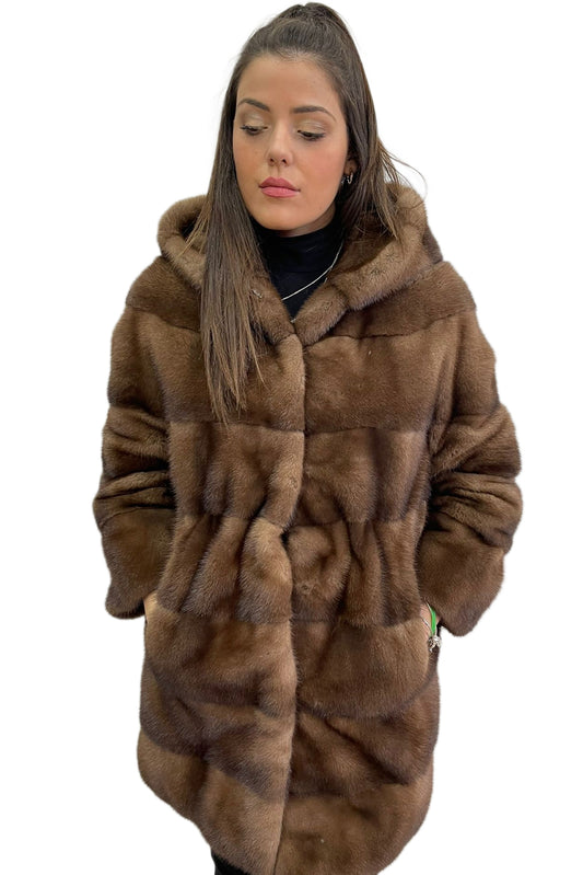 Cappotto di pelliccia di visone demi buff lungo con cappuccio