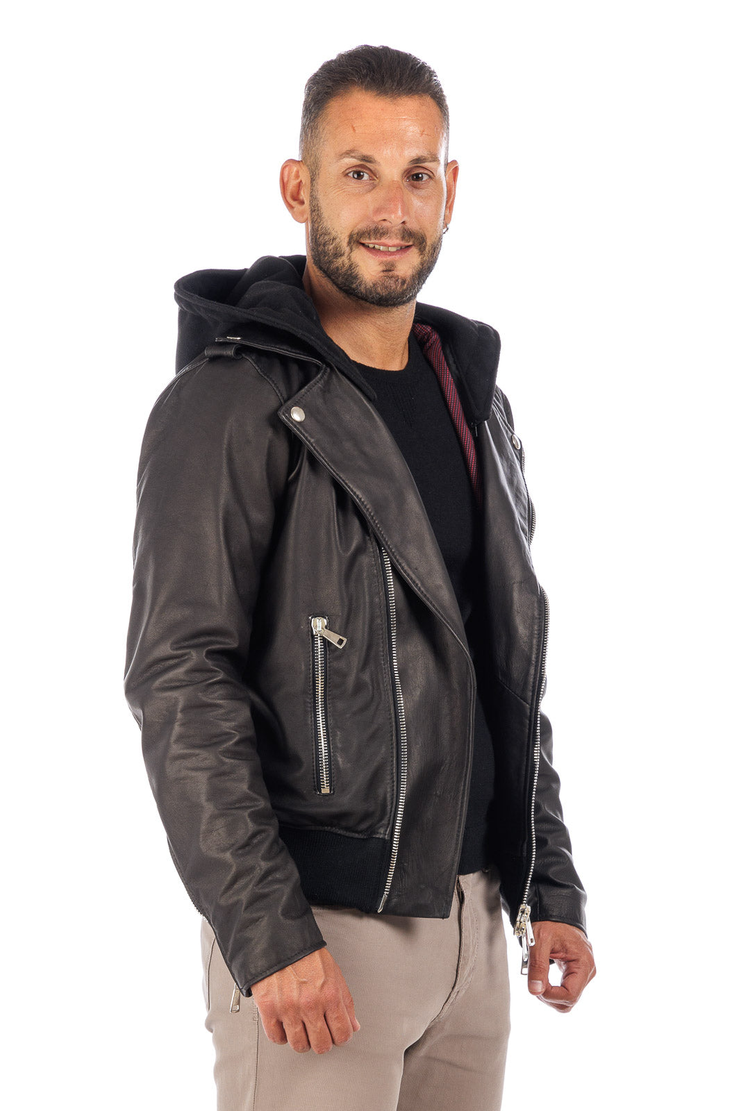 Chiodo in vera pelle uomo con cappuccio nero