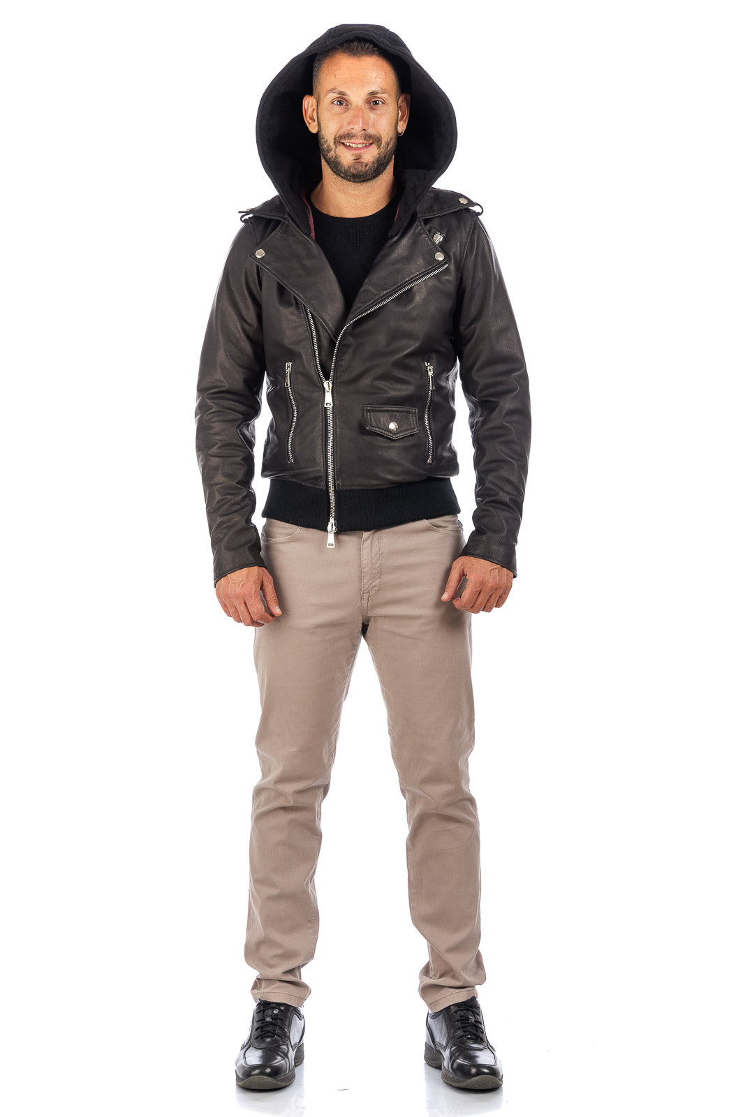 Chiodo in vera pelle uomo con cappuccio nero