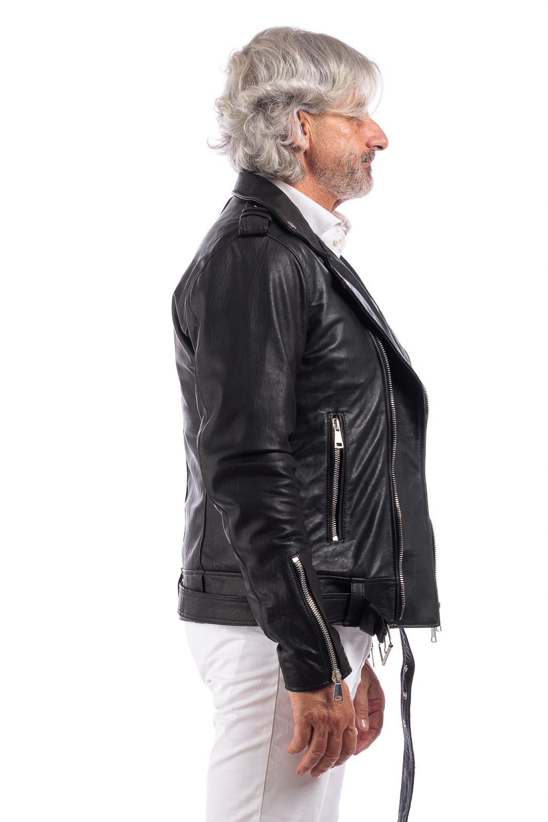 Chiodo in vera pelle uomo con zip e cintura nero