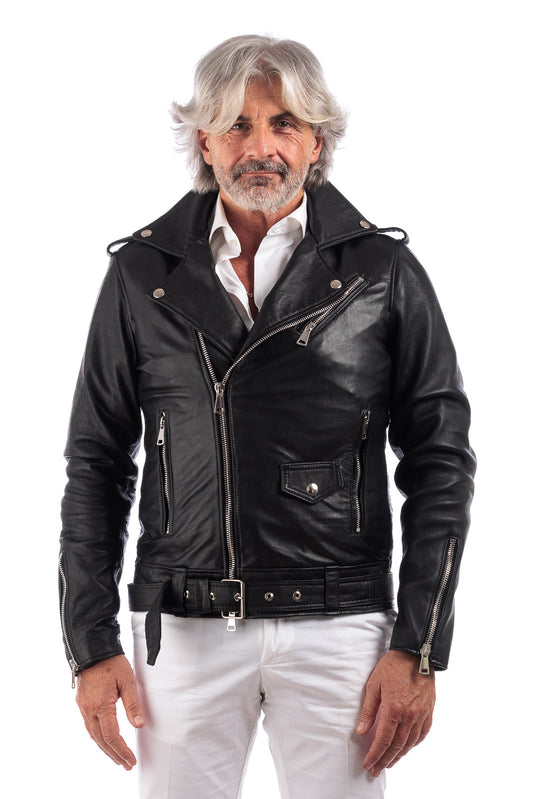 Chiodo in vera pelle uomo con zip e cintura nero