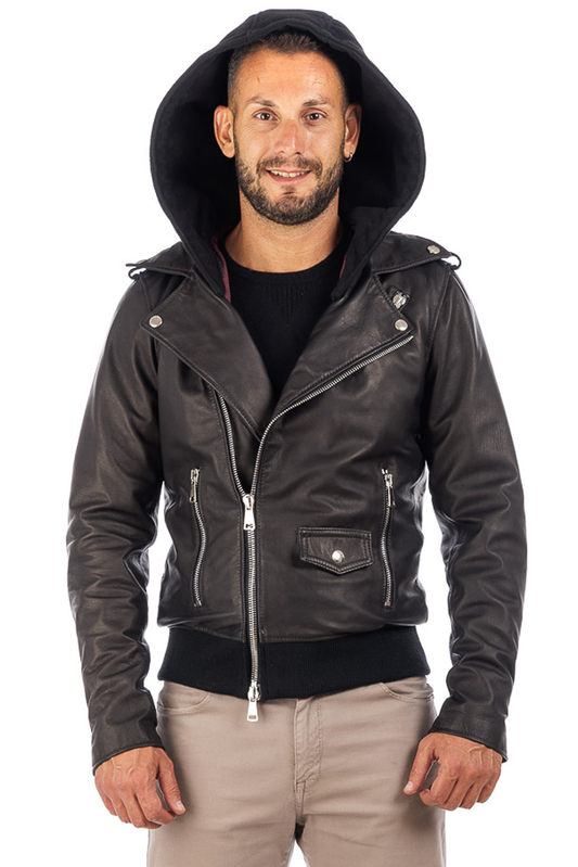 Chiodo in vera pelle uomo con cappuccio nero