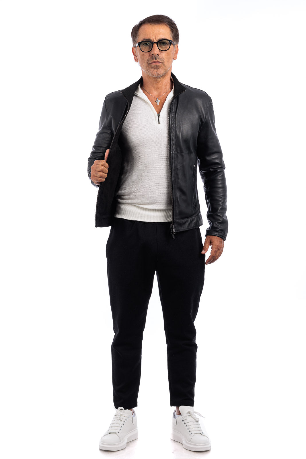 Giacca biker double face in pelle e camoscio uomo nero