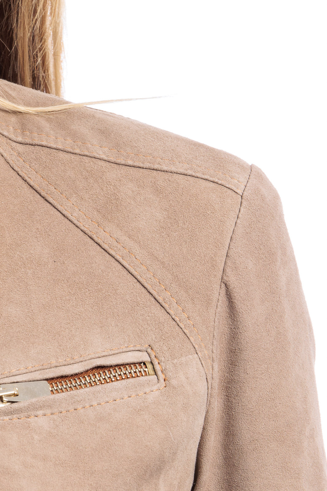 Giacca in camoscio donna con zip pulse sabbia e biscotto
