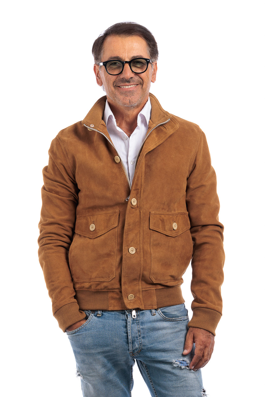 Bomber in camoscio uomo con bottoni e zip VAST whisky