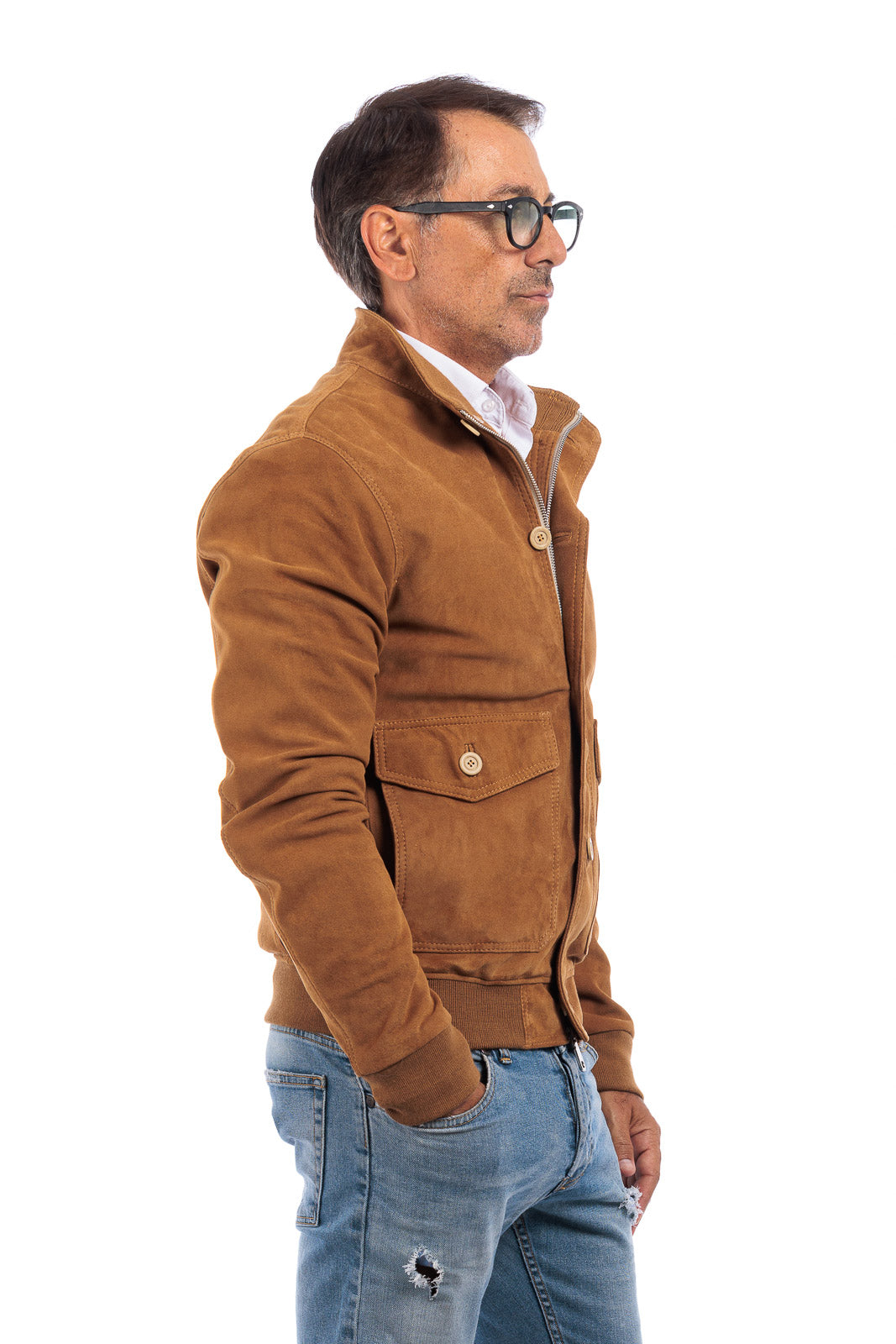 Bomber in camoscio uomo con bottoni e zip VAST whisky