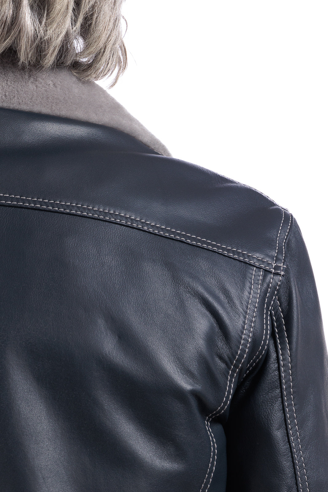 Giacca in pelle blu con collo e gilet staccabile pelo grigio JEANS