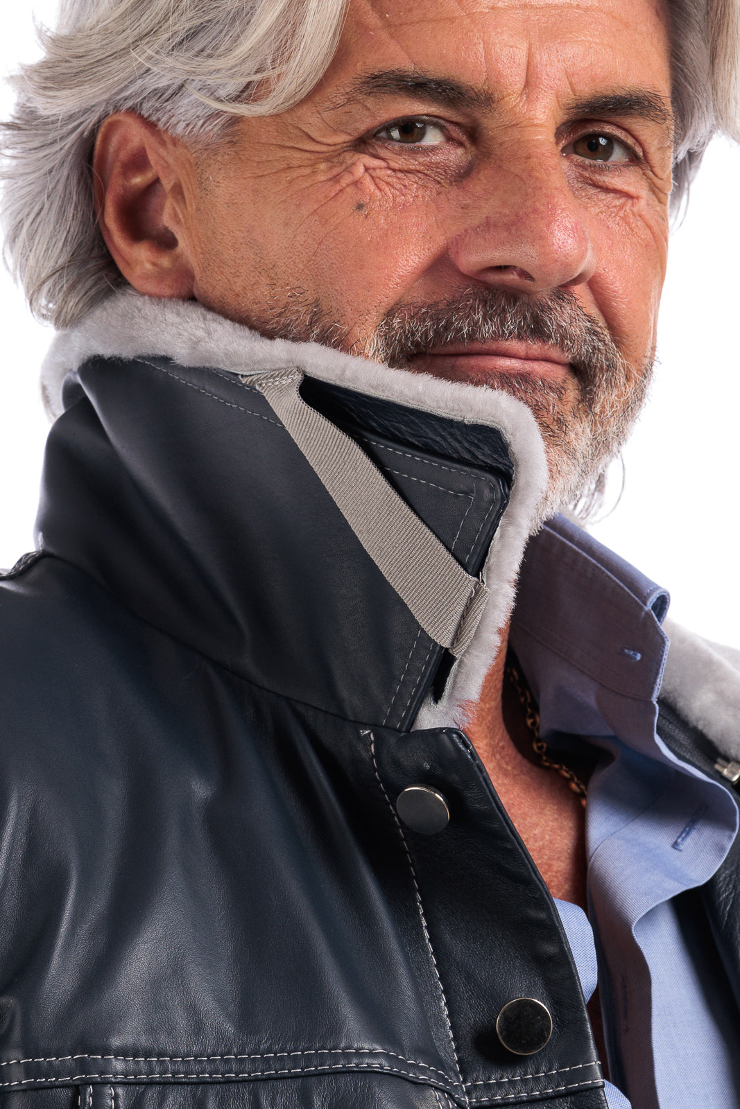 Giacca in pelle blu con collo e gilet staccabile pelo grigio JEANS