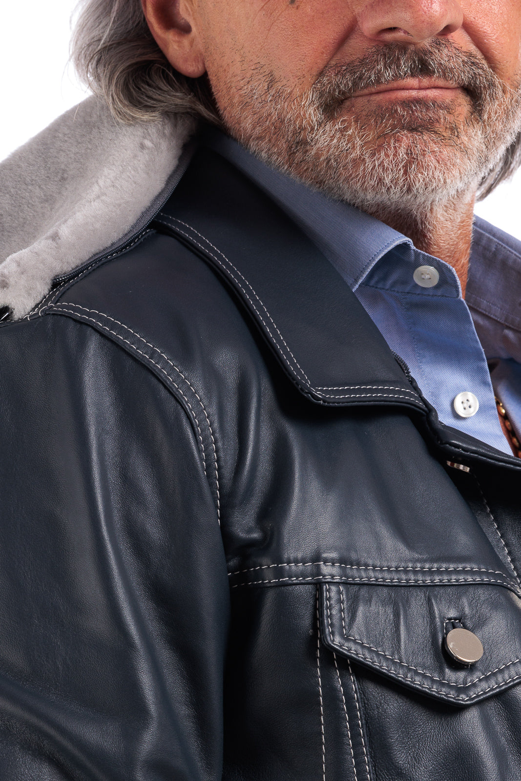 Giacca in pelle blu con collo e gilet staccabile pelo grigio JEANS