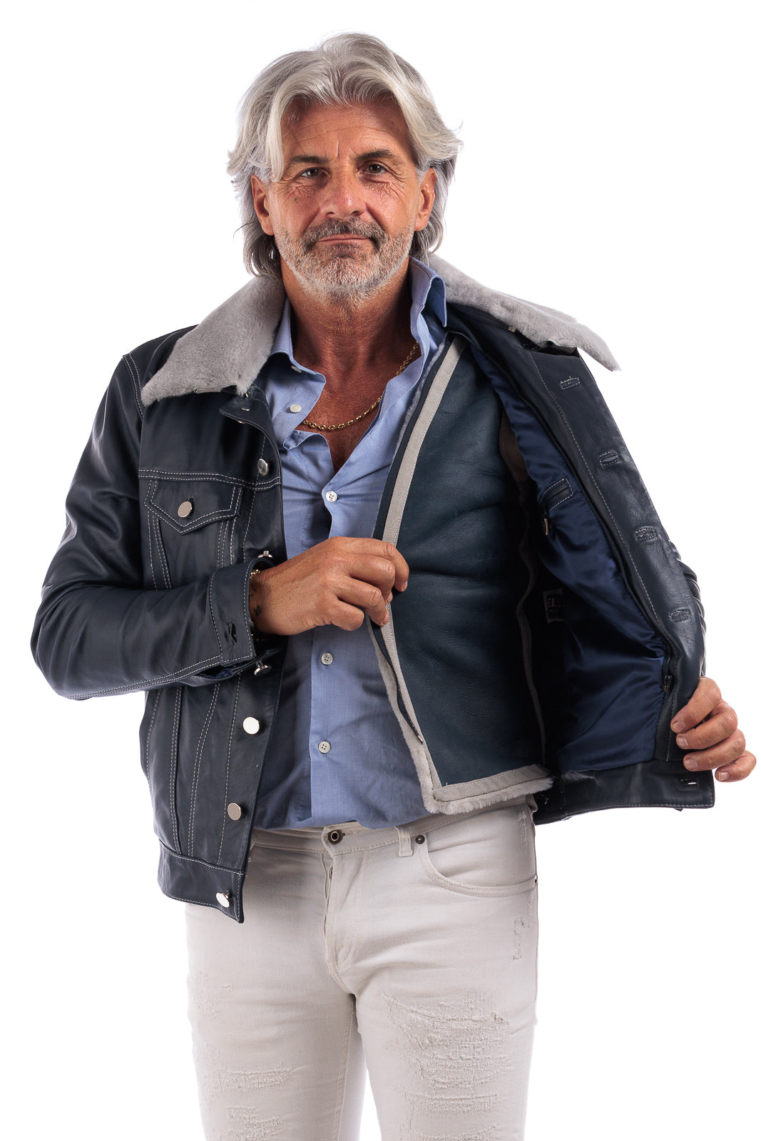 Giacca in pelle blu con collo e gilet staccabile pelo grigio JEANS