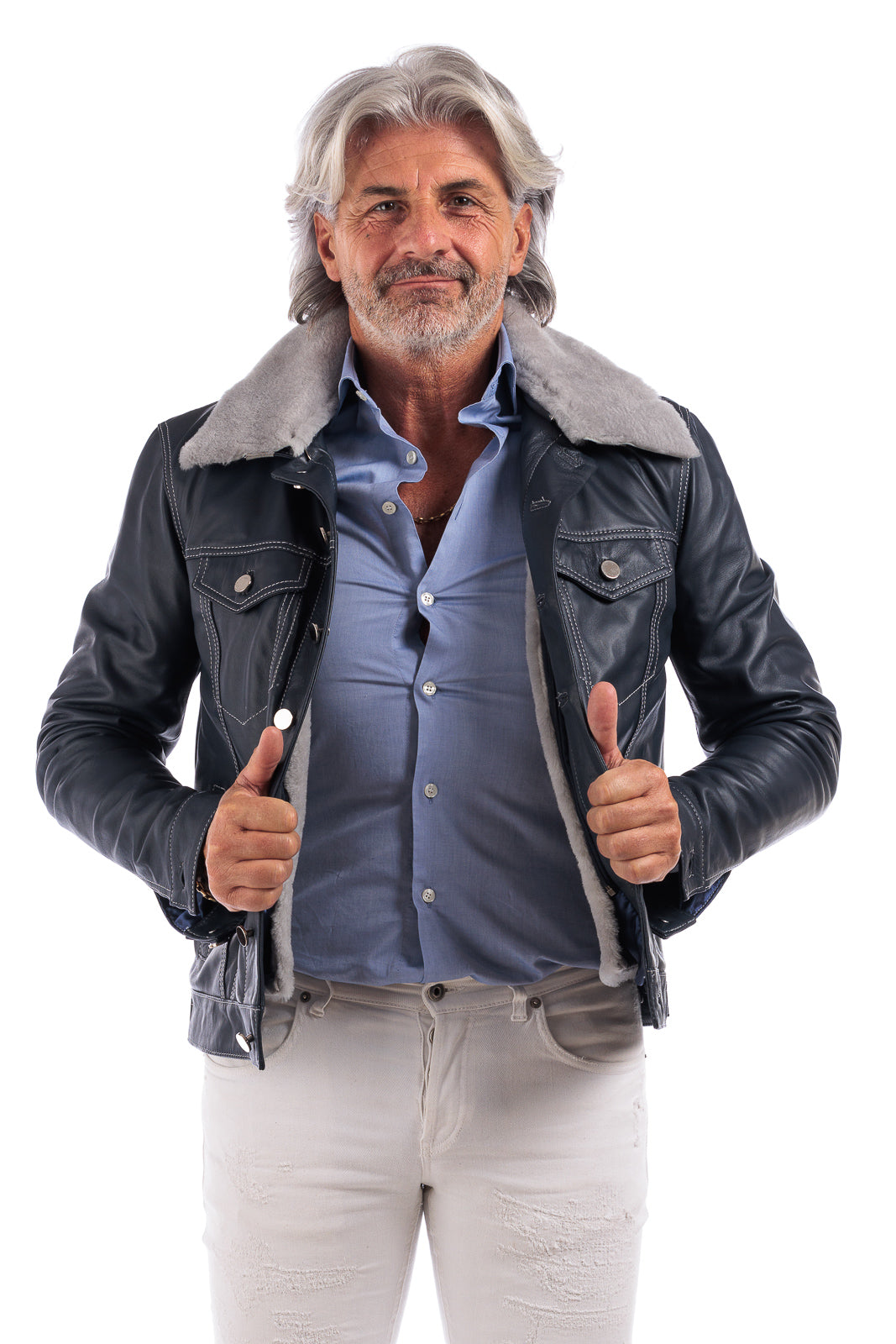 Giacca in pelle blu con collo e gilet staccabile pelo grigio JEANS