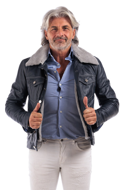 Giacca in pelle blu con collo e gilet staccabile pelo grigio JEANS