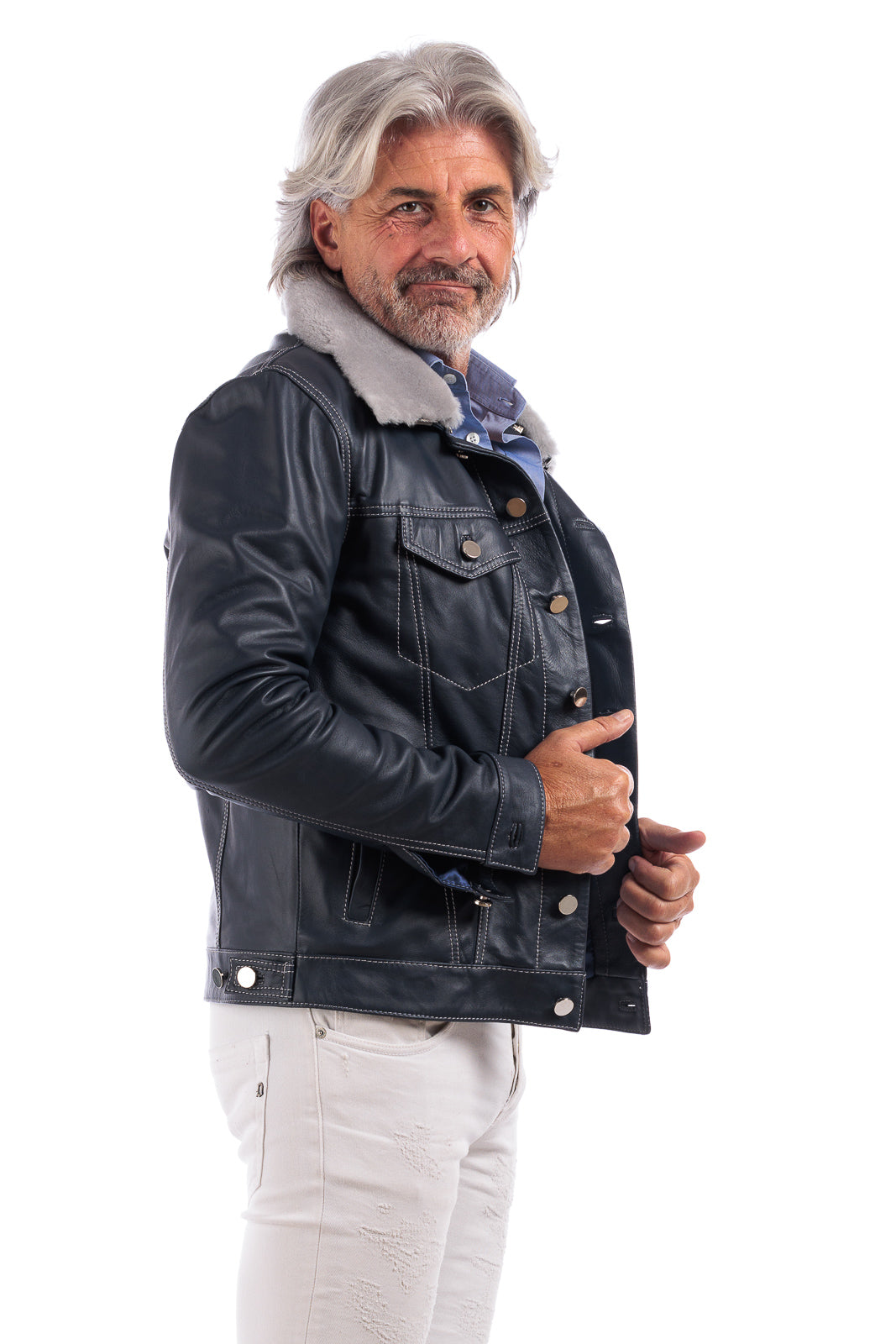 Giacca in pelle blu con collo e gilet staccabile pelo grigio JEANS