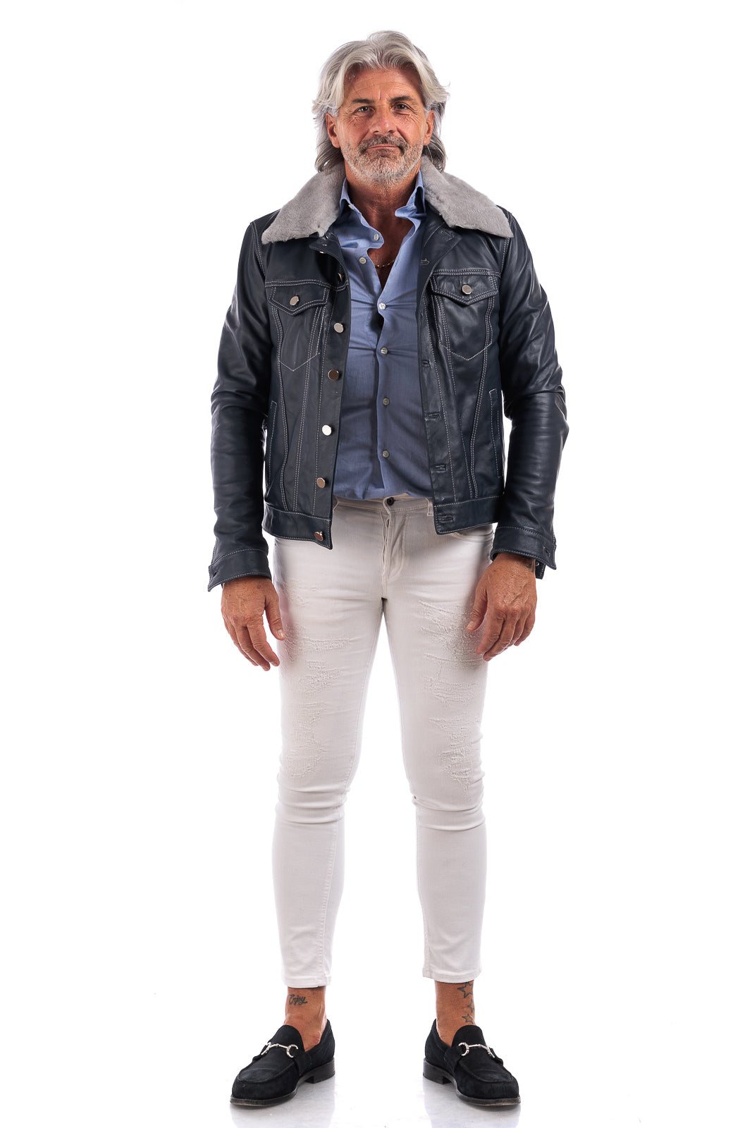Giacca in pelle blu con collo e gilet staccabile pelo grigio JEANS