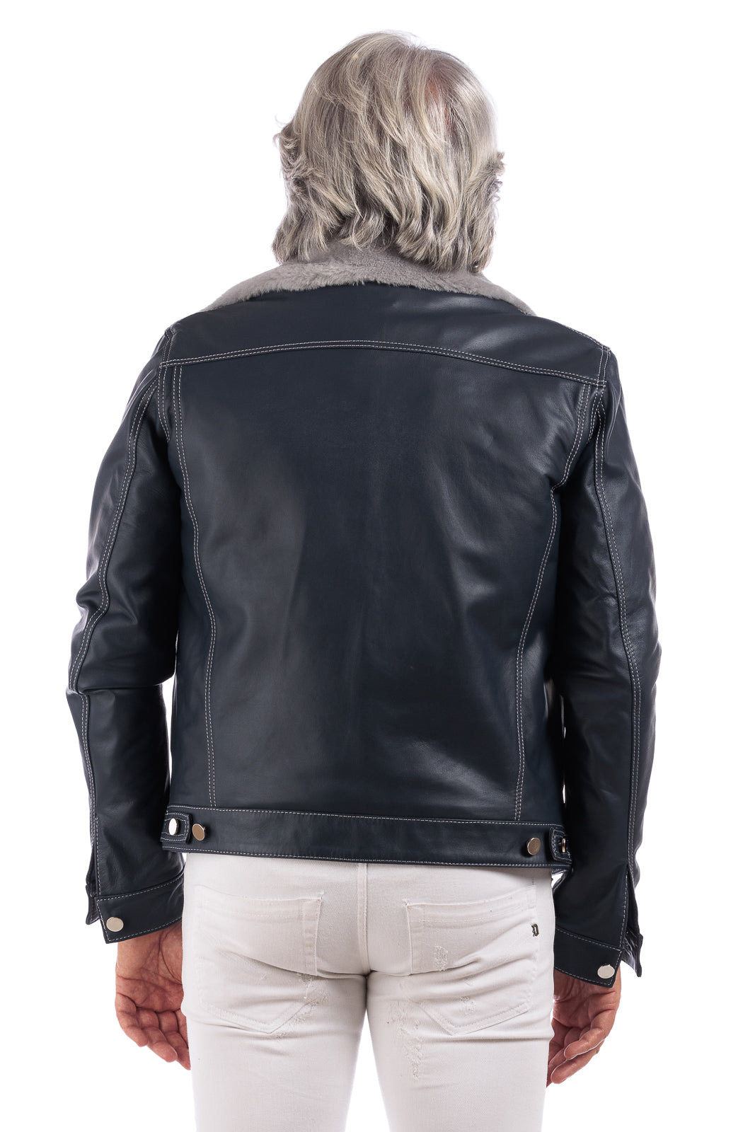 Giacca in pelle blu con collo e gilet staccabile pelo grigio JEANS