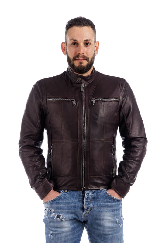 Giacca in pelle con zip DSQ testa di moro