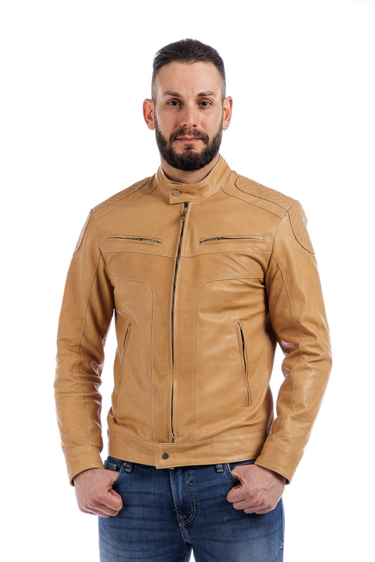 Giacca in pelle con zip sabbia trapuntata