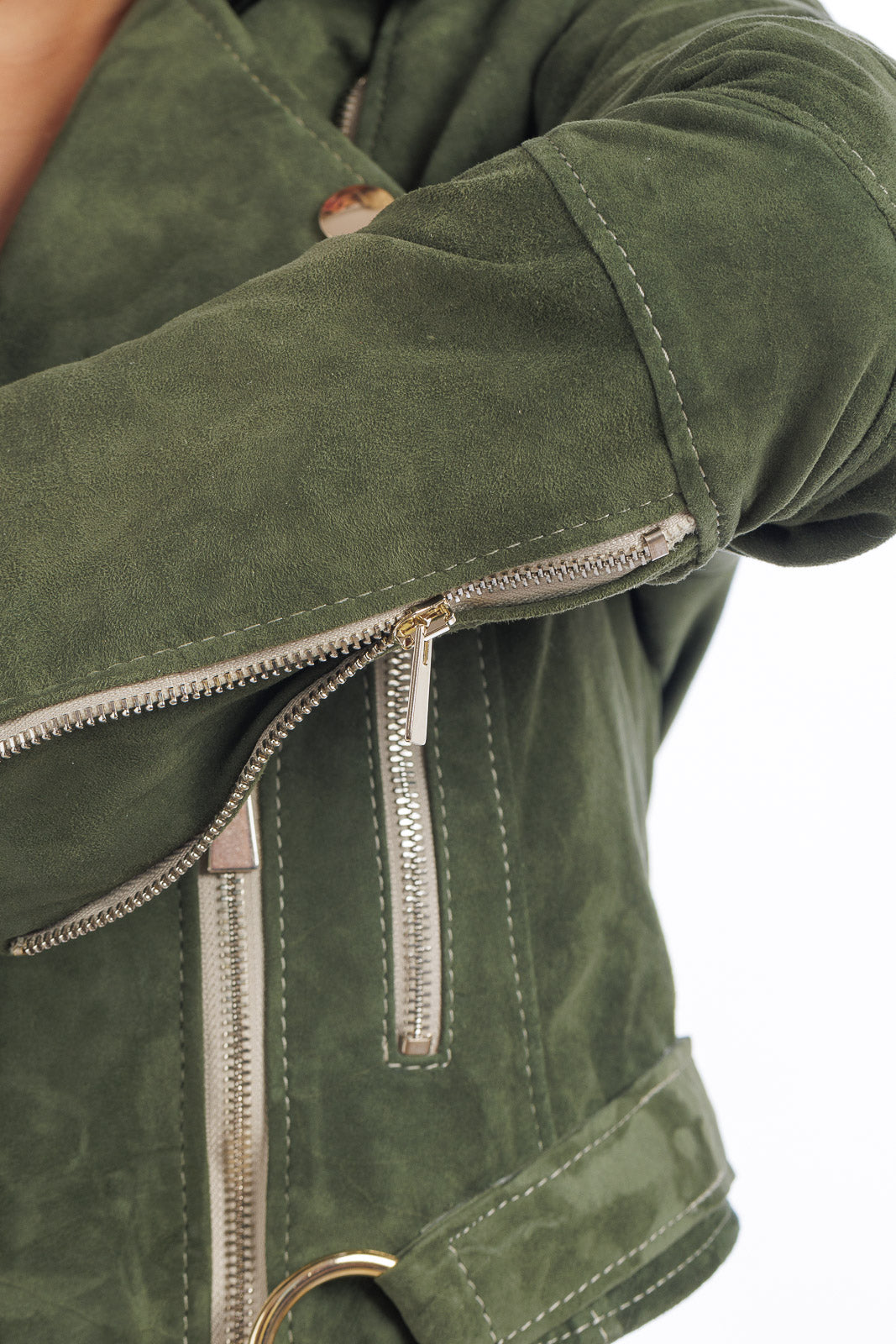 Giacca chiodo in camoscio di renna donna con zip BELT verde – Arpelle