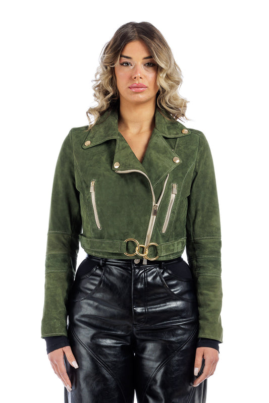 Giacca chiodo in  camoscio di renna donna con zip BELT verde