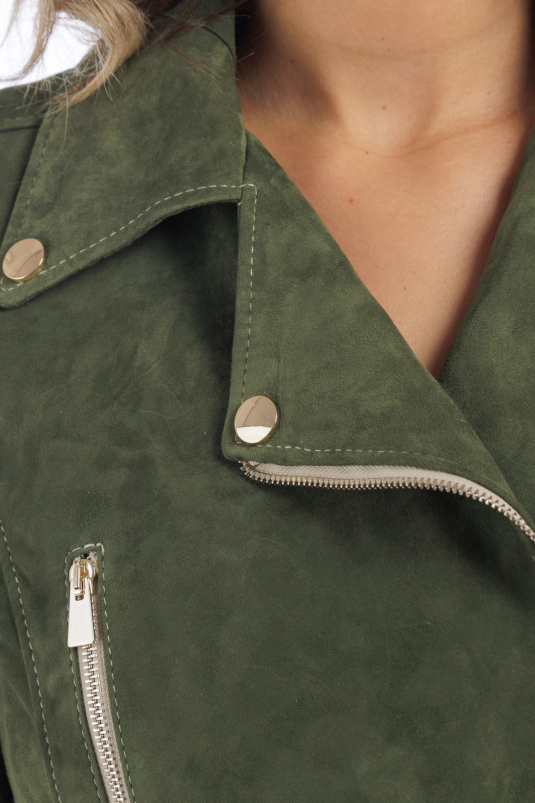 Giacca chiodo in  camoscio di renna donna con zip BELT verde