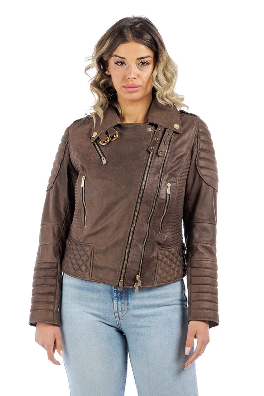 Giacca in pelle donna con zip chiodo 3000 punti a mano marrone