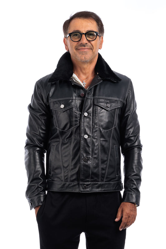 Giacca in pelle nera con collo e gilet staccabile pelo nero JEANS