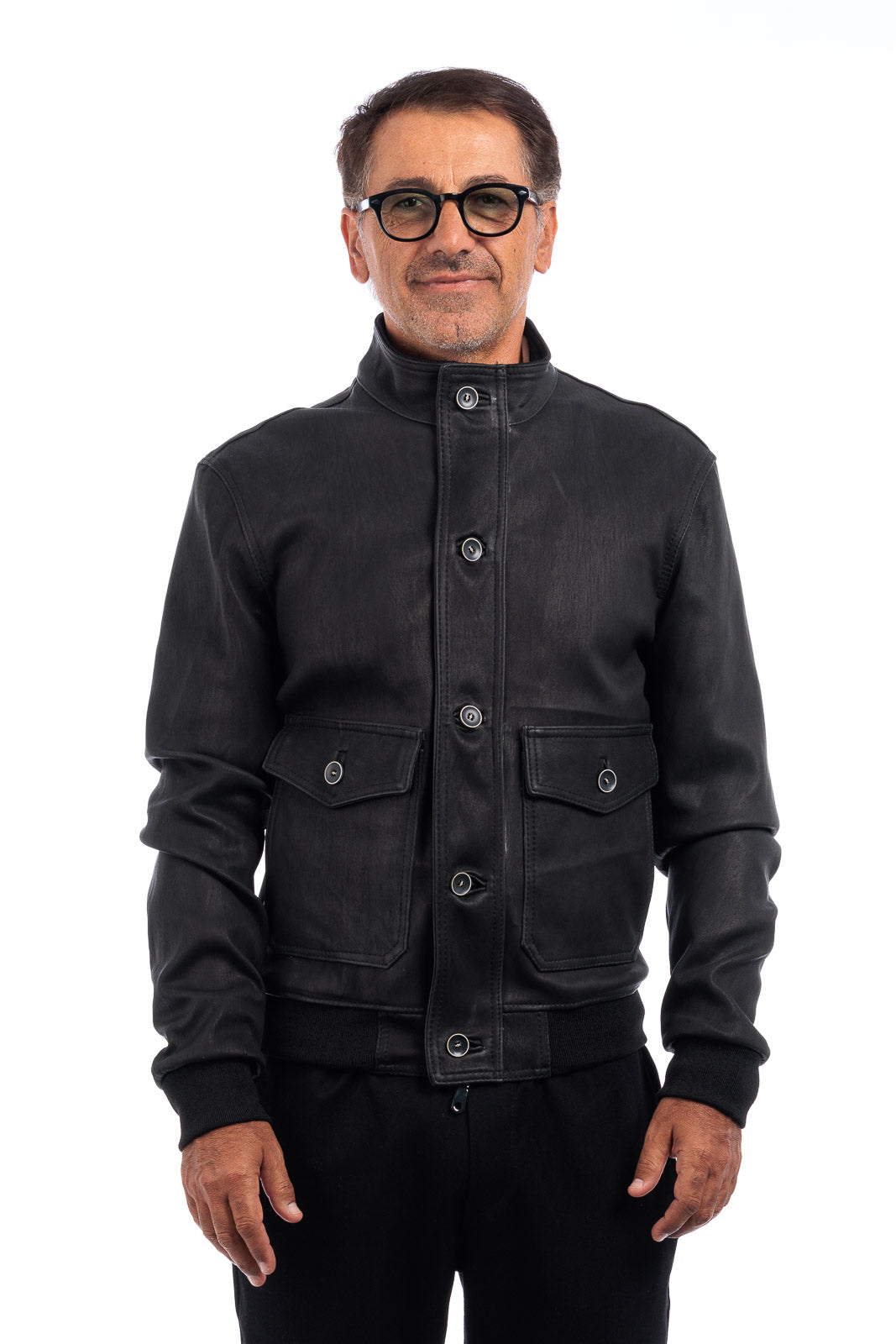 Bomber in pelle uomo con bottoni e zip VAST elasticizzato nero