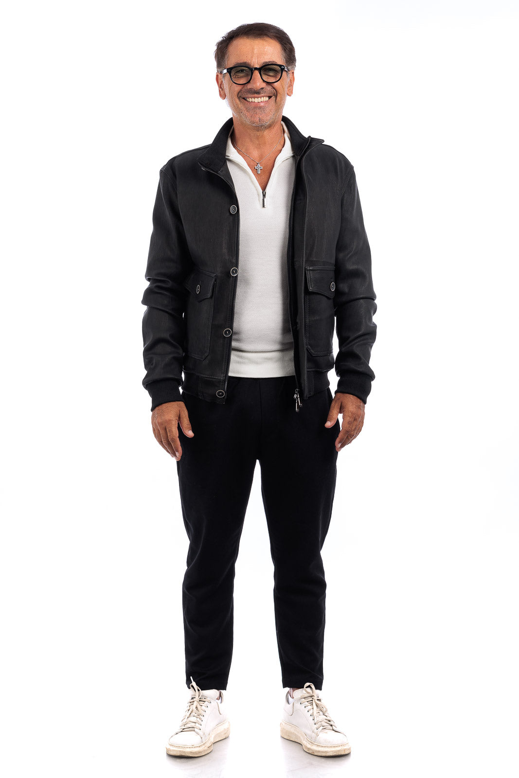 Bomber in pelle uomo con bottoni e zip VAST elasticizzato nero
