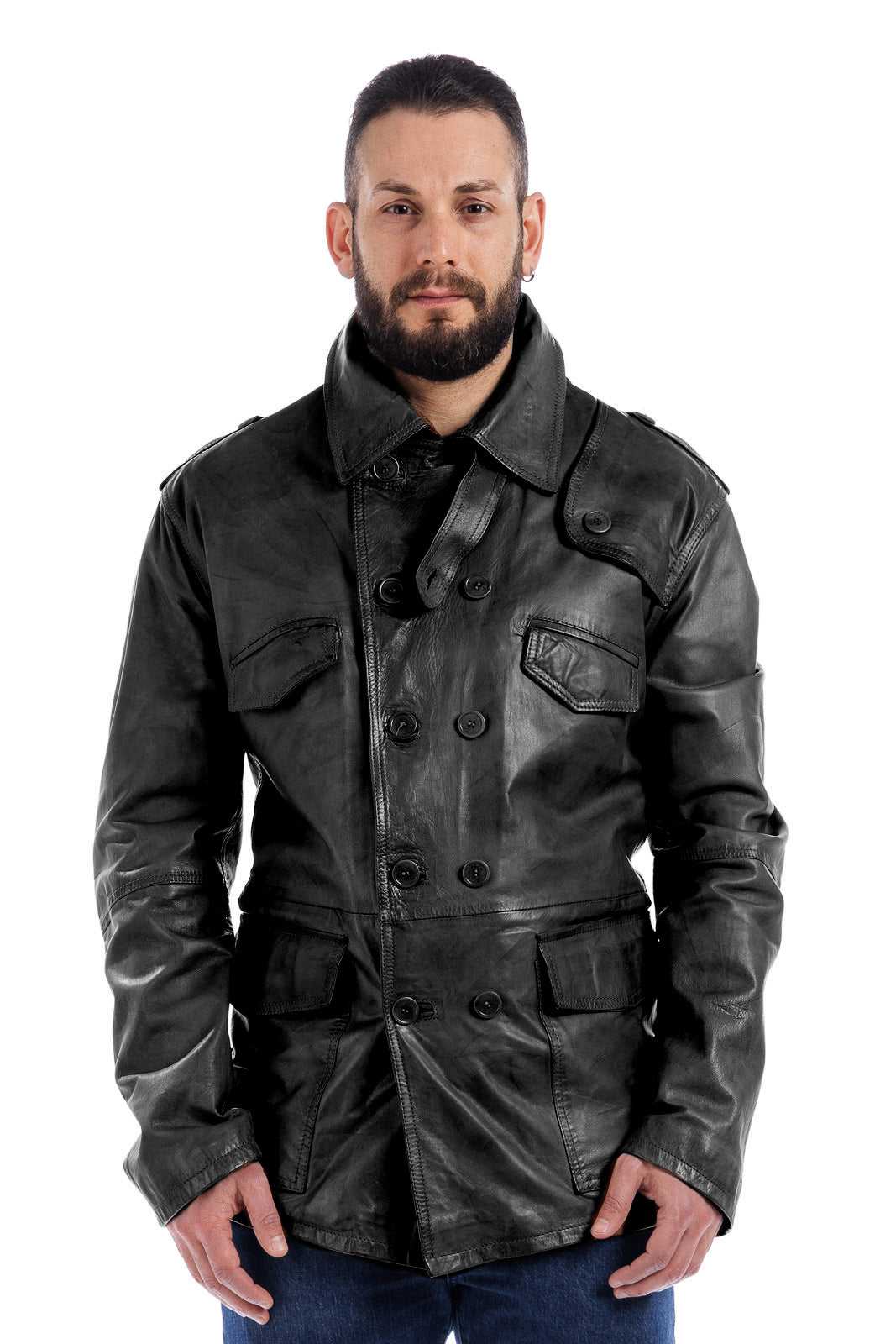 Giacca in pelle uomo doppio petto nero