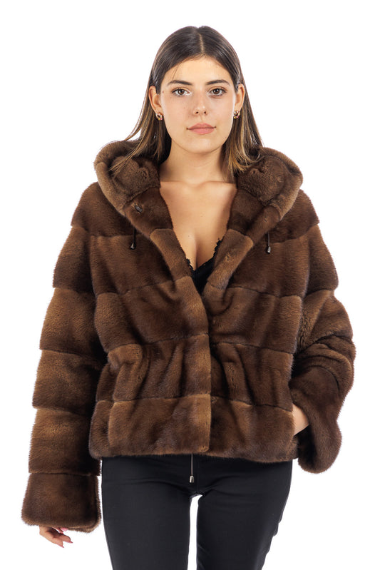 Giacca in pelliccia donna Visone demy buff con Cappuccio